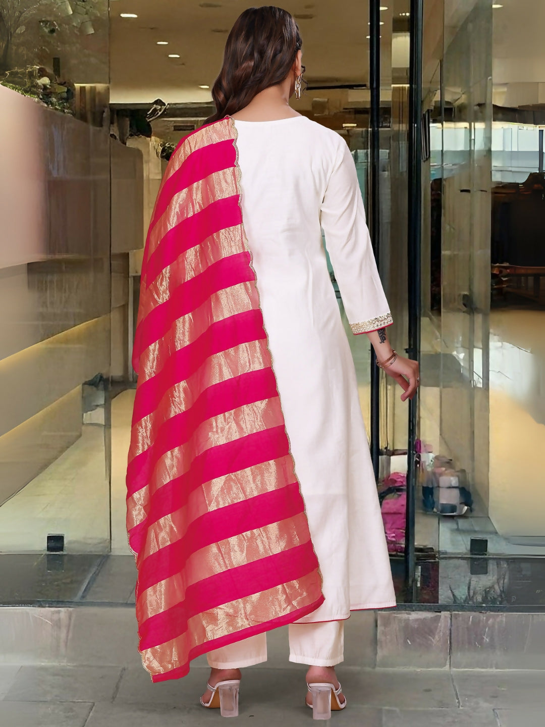 The52 White Women's Gorgeous Embroidered Work Chanderi Fabric Flared Kurta Pant and Dupatta Set