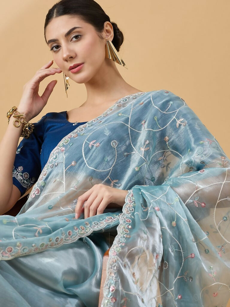 Blue Organza Sequence Embroidered Saree with Unstitched Blouse - Satya