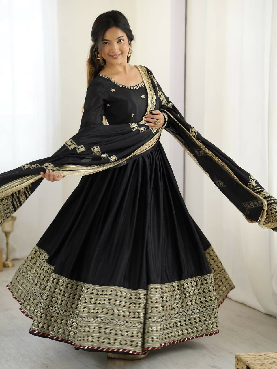 Teeya Creation Black Chinon Silk Gown