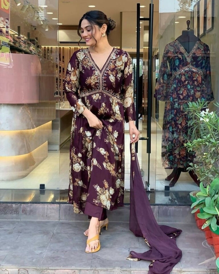 Ethnic Festive Wear Georgette Purple Stitched Suit With Dupatta - Tanisha