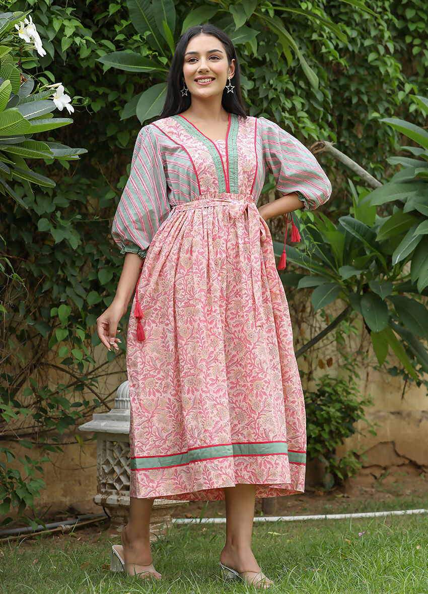 Kaajh Women's Pink Hand Block Printed Dress