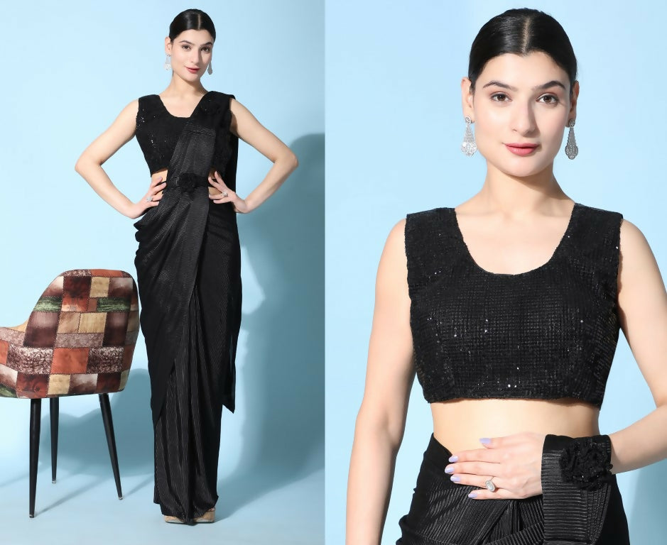 Black Imported Crush Lycra Texture Pattern Ready to Wear Saree with stitched Blouse - Nirvana