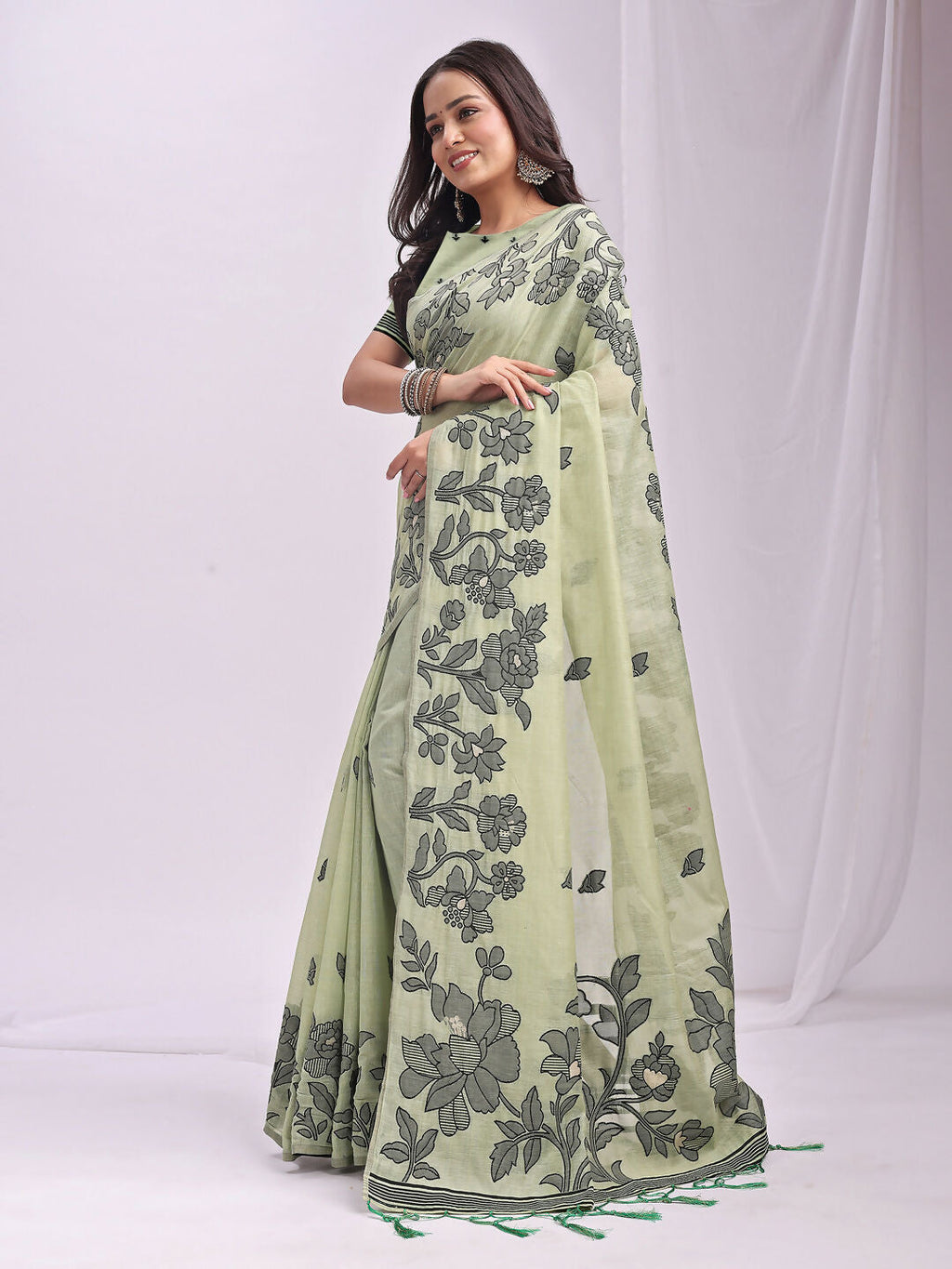 Shree Shyam Fashion Kashira Light Green Linen Cotton Saree