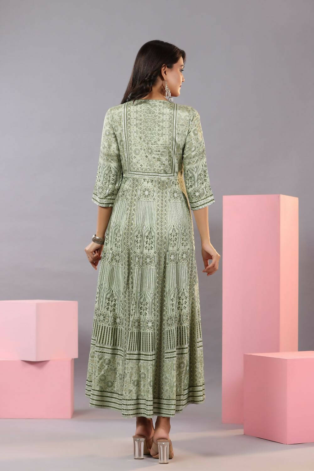 Juniper Women Olive Green Shantoon Floral Printed Maxi Dress