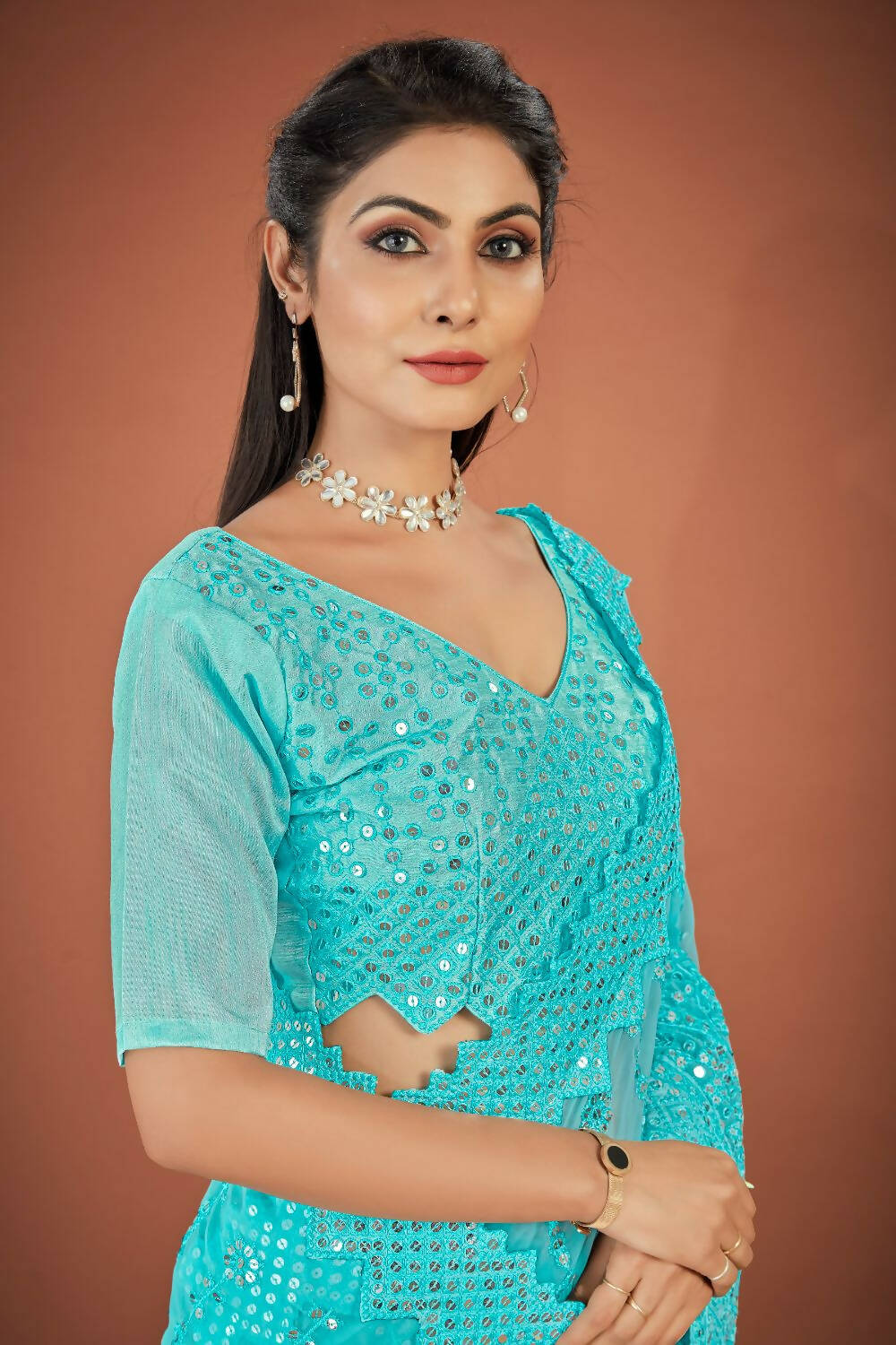 Vamsee Sky Blue Georgette Designer Saree