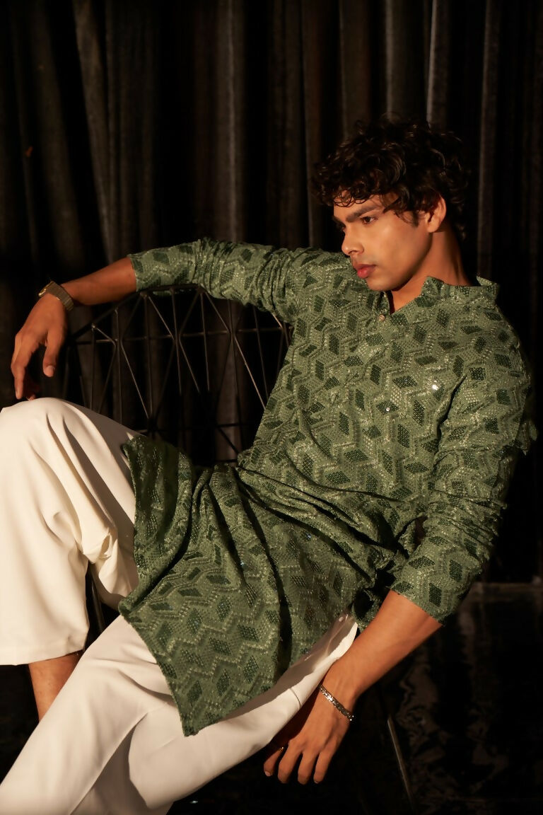 Green viscose Chikankari Embroidery Work Men's Traditional Kurta Set - Mahotsav
