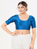 Joban Fashion Cobalt-Blue Taffeta Silk Elbow Sleeveless Front Open Blouse