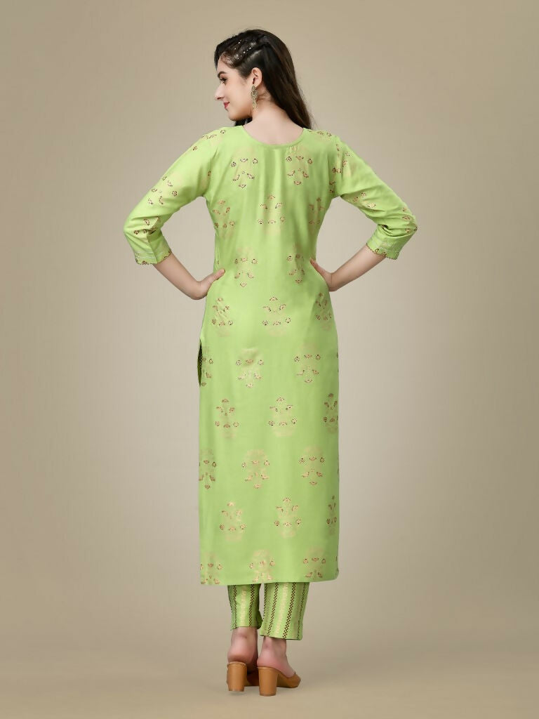 Jyoti Fashion Women's Light Green Rayon Embroidered Kurta Pant Set
