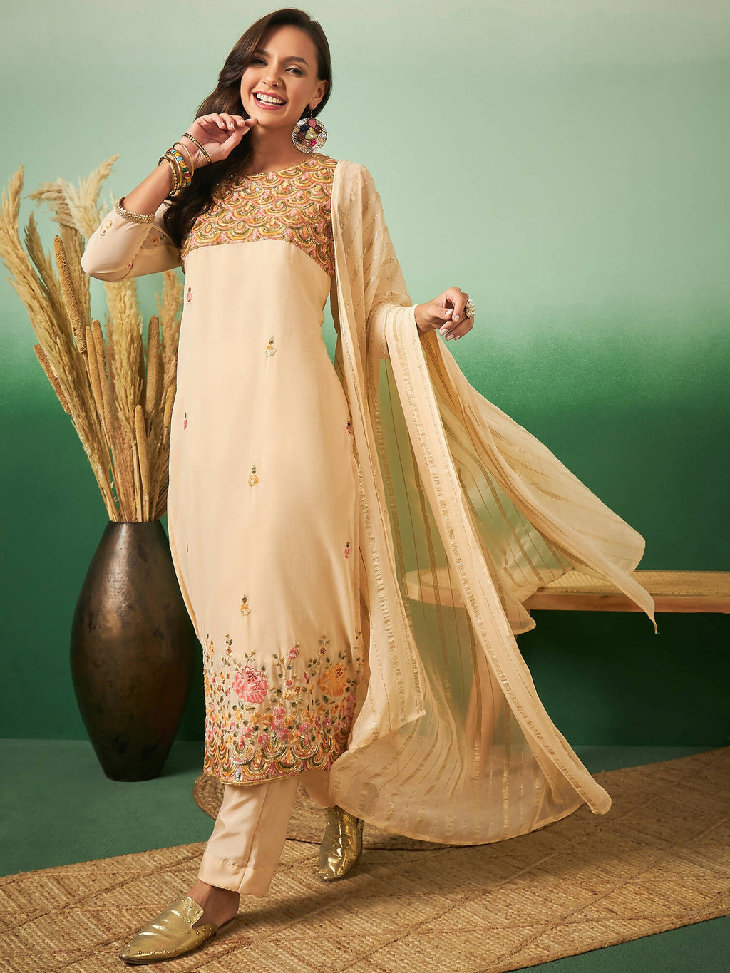 Light Orange Georgette Handwork Unstitched Dress Material - Hanika