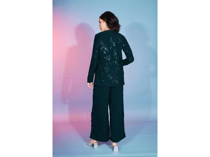 Green Georgette Sequence With Thread Designer Co-Ord Set - Flory