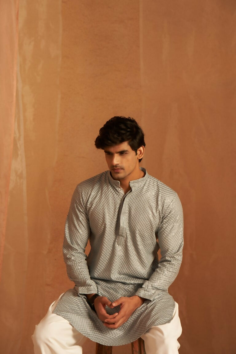 Grey viscose Chikankari Embroidery Work Men's Traditional Kurta Set - Mahotsav