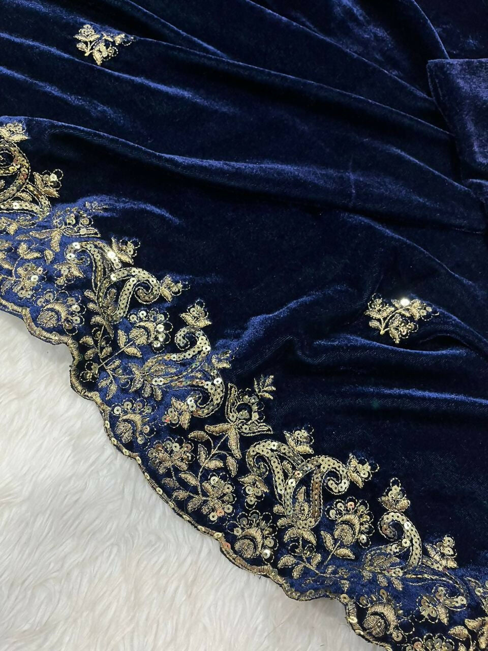 Vastranavya Designer Velvet Sequence & Zari Thread Embroidery work with border and Cutwork Saree - Navy Blue