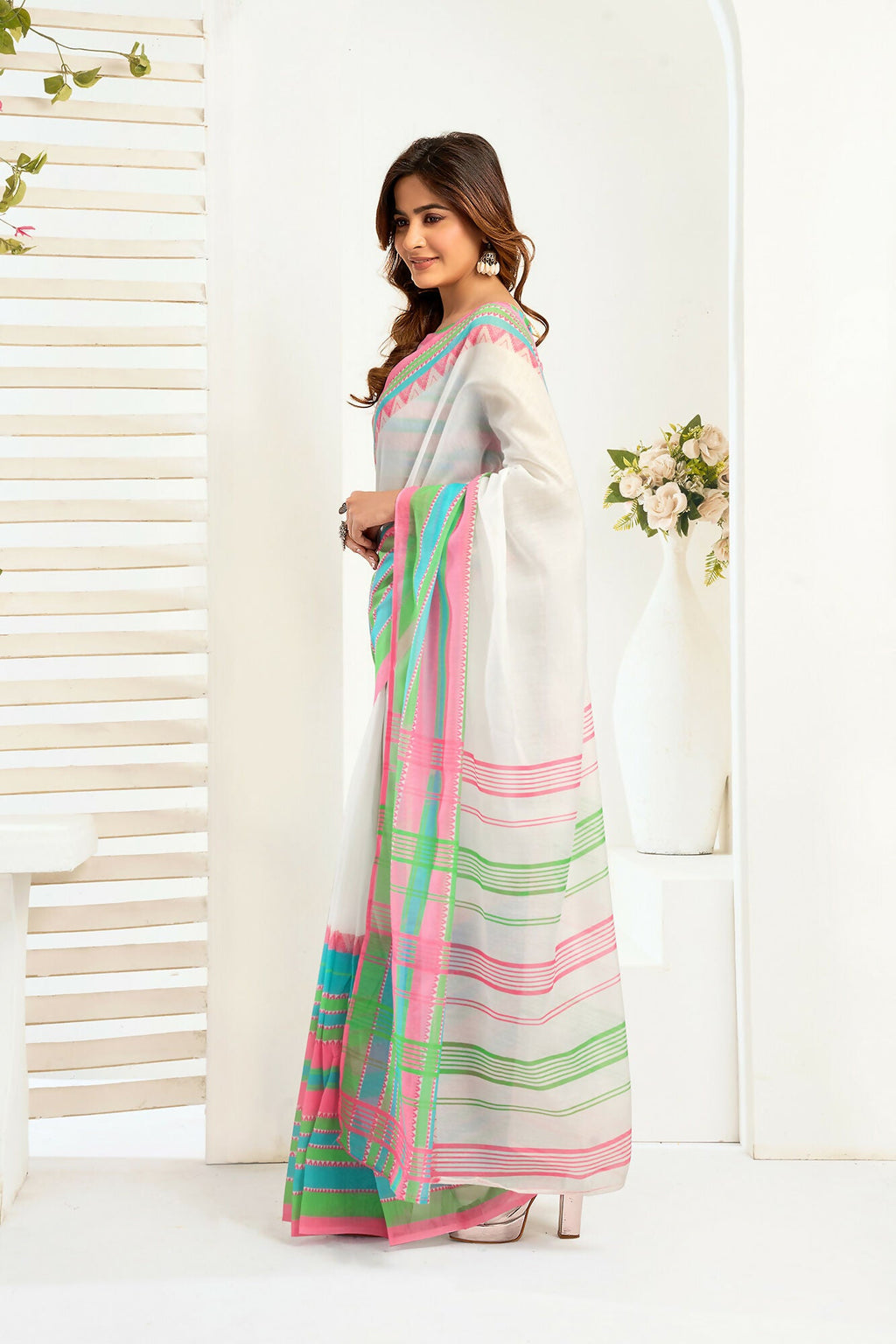 Vastranavya Multicolor Digital Printed Linen Ready To Wear Designer Saree with Unstitched Blouse