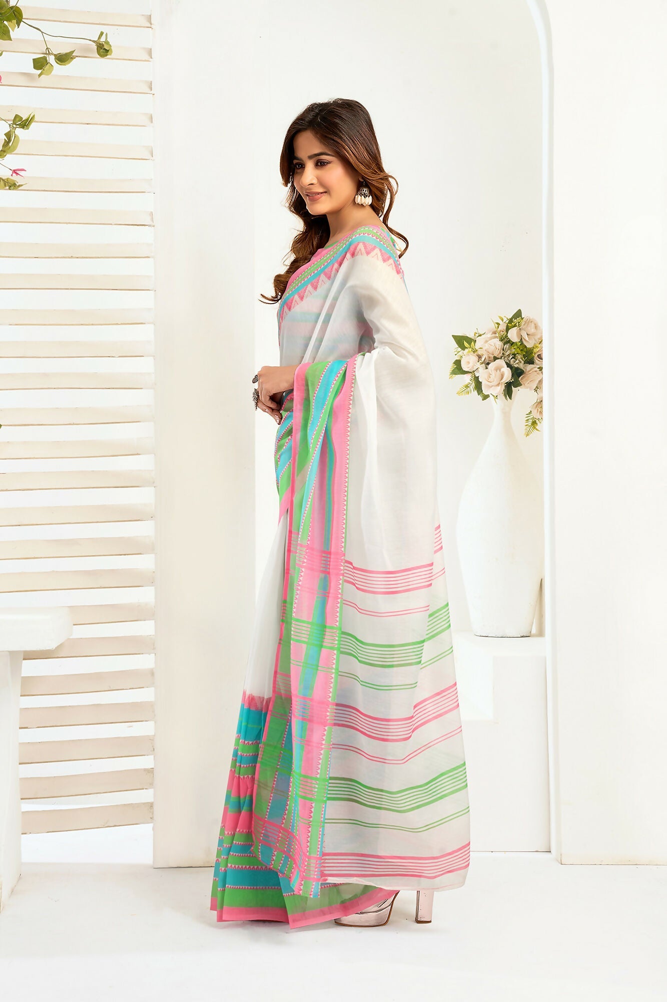 Vastranavya Multicolor Digital Printed Linen Ready To Wear Designer Saree with Unstitched Blouse