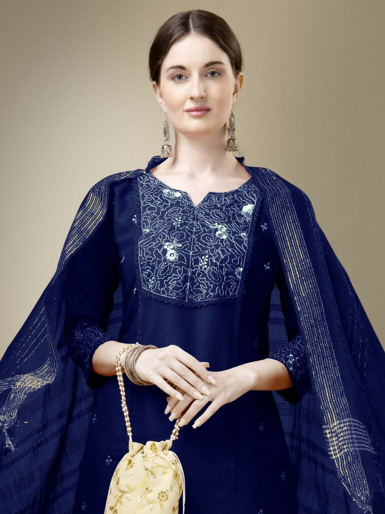 Jyoti Fashion Women's Navy Blue Cotton Blend Embroidery & Fancy Lace work Kurta with Trouser & Dupatta