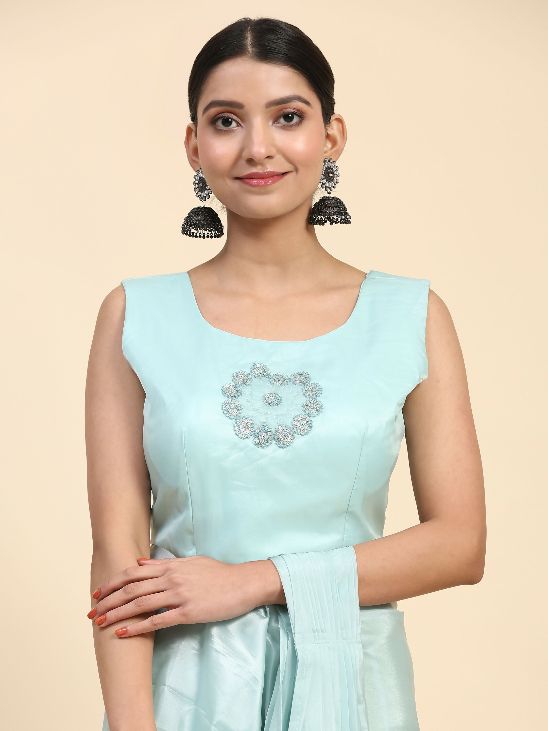 Blue Satin Solid Ready to wear Saree with stitched Blouse - Vanita
