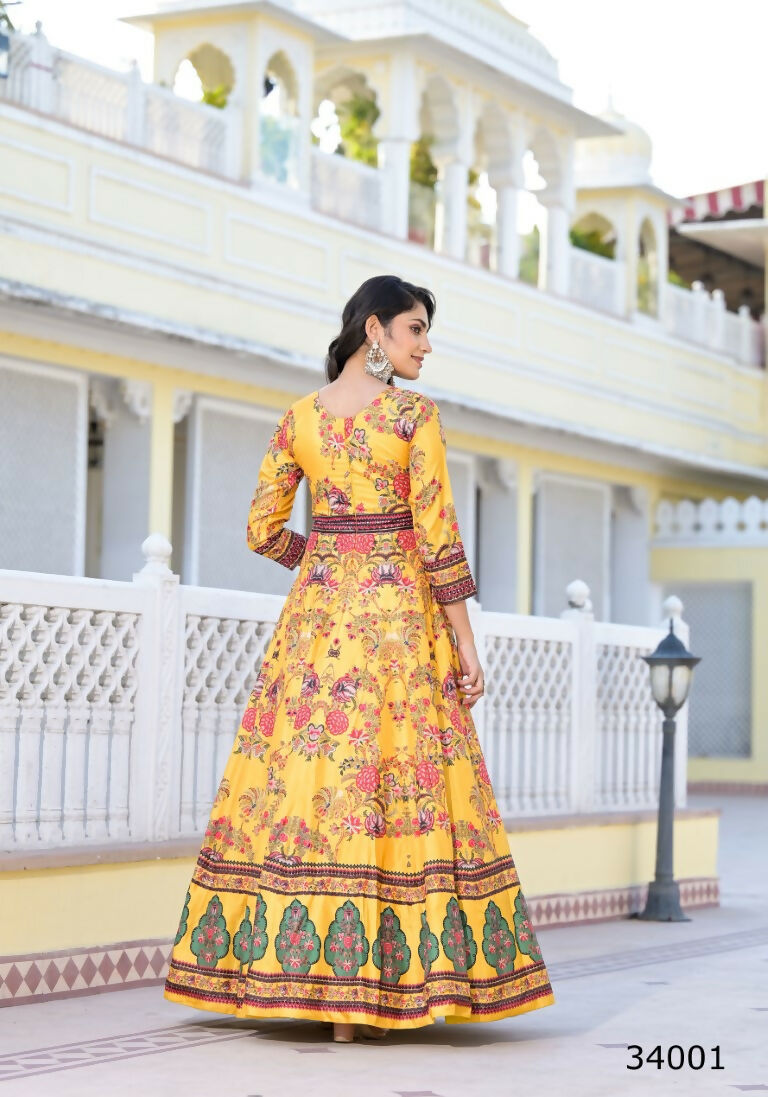 Partywear Designer Yellow Dola Silk Anarkali suit with Dupatta - Suzen