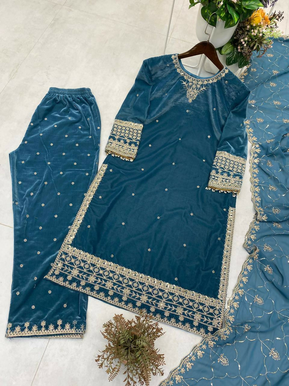 Vastranavya Blue Velvet Sequence Embroidery Work Kurta & Bottom With Dupatta
