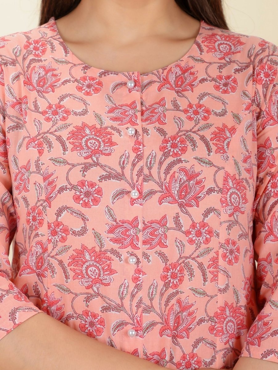 Aramya Pink Soft Cotton Floral A-line Kurta for Women