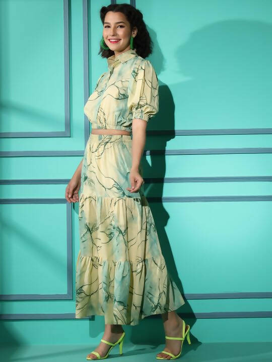 Green Rayon Tie dye Printed Top with Matching Skirt - Shivani