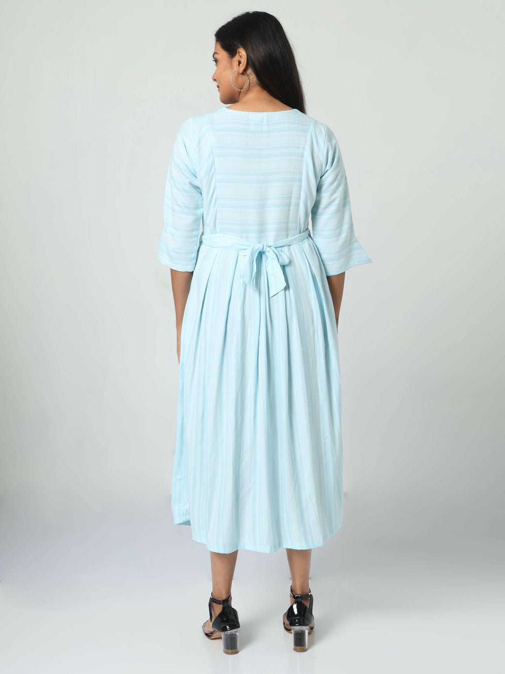 Manet Three Fourth Maternity Dress Striped With Concealed Zipper Nursing Access - Light Blue