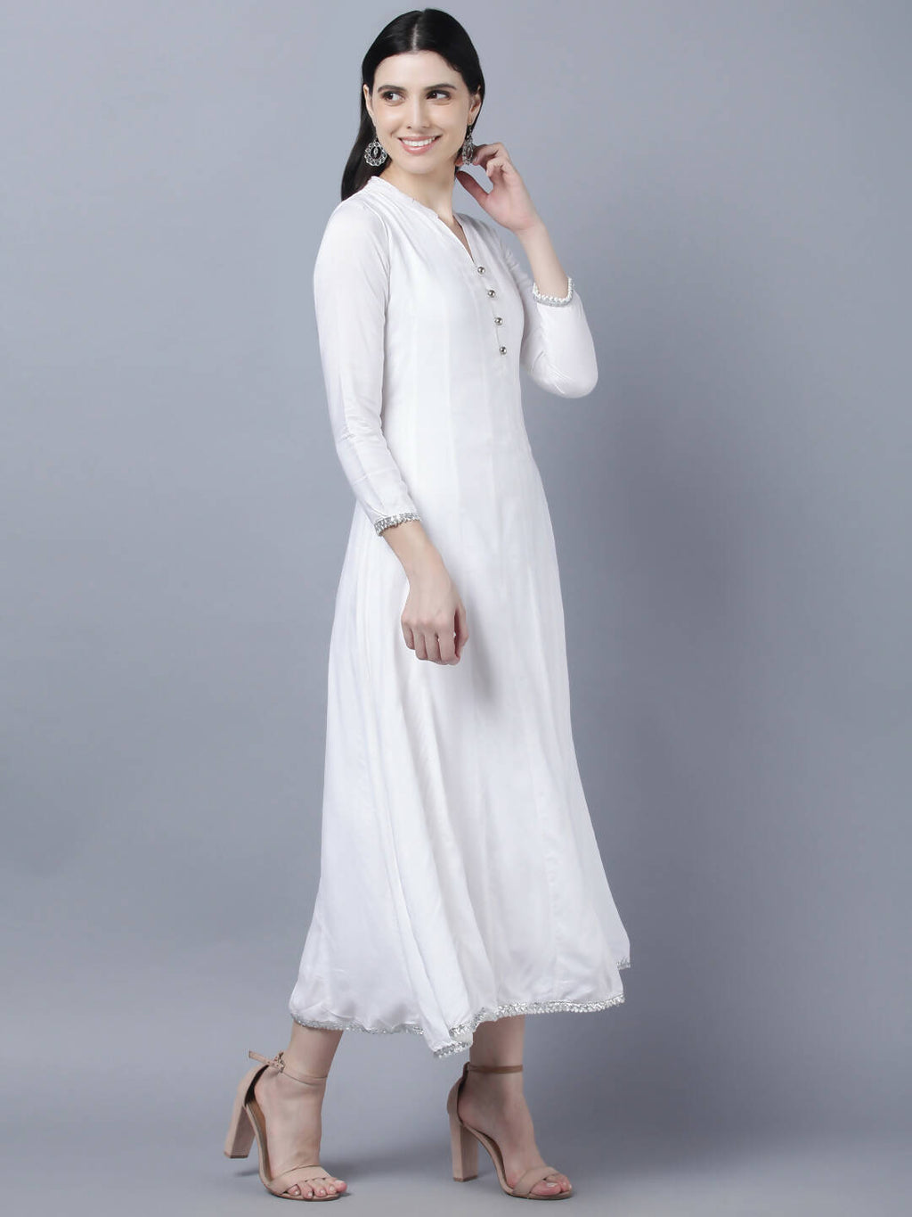 Myshka Women White Anarkali Kurta With Dupatta