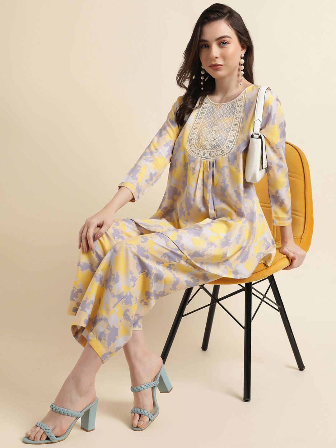 Yellow & Grey Poly Crepe Digital Printed Top with Matching Bottom - Preeti