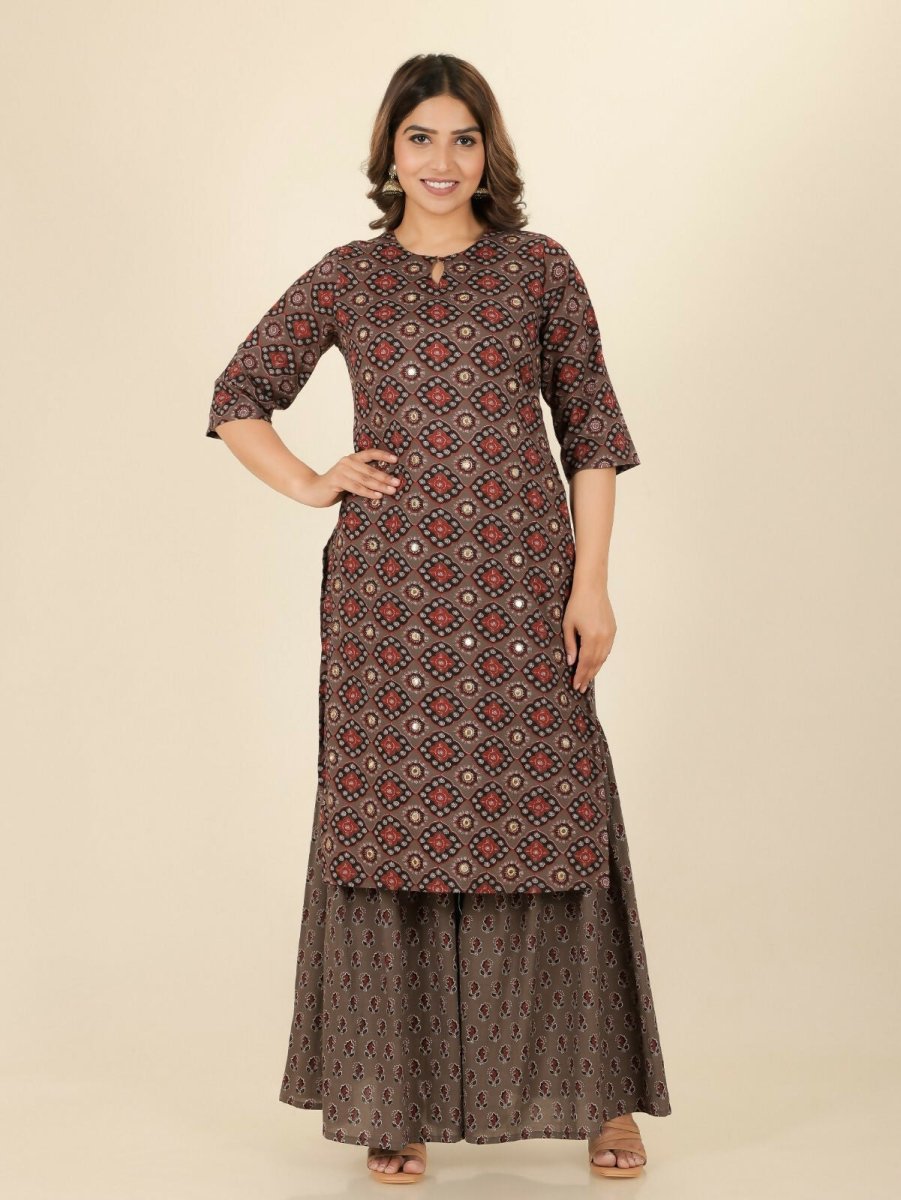 Aramya Brown Soft Cotton Geometric Straight Kurta for Women