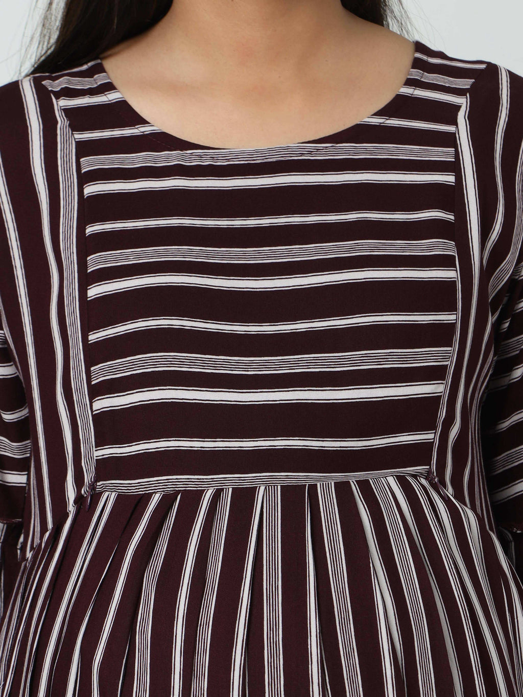 Manet Three Fourth Maternity Dress Striped With Concealed Zipper Nursing Access - Brown