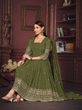 Jyoti Fashion Women's Olive Green Georgette Embroidered Anarkali Kurta Pant Set With Dupatta