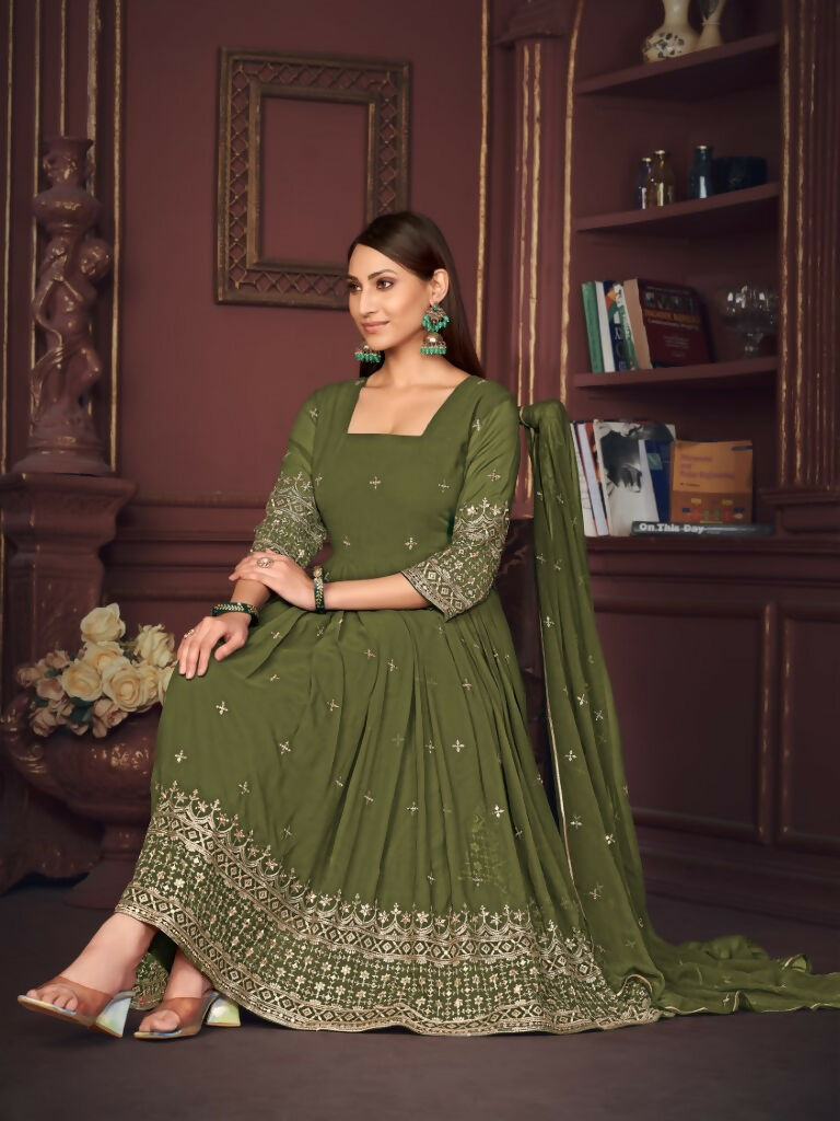 Jyoti Fashion Women's Olive Green Georgette Embroidered Anarkali Kurta Pant Set With Dupatta