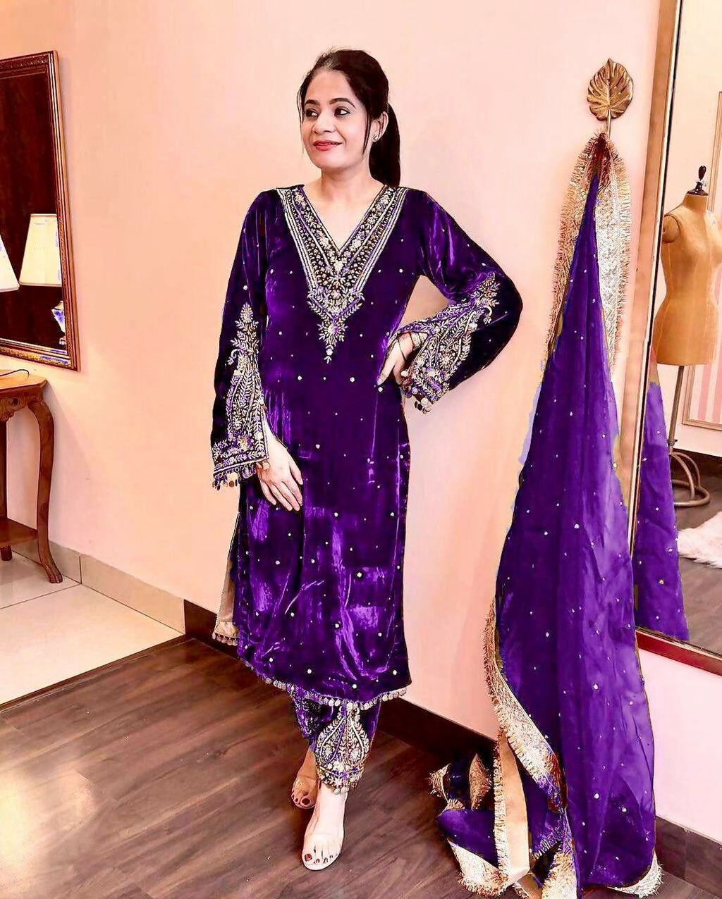 Joban Fashion Royal Purple Velvet Embroidery Kurta Set