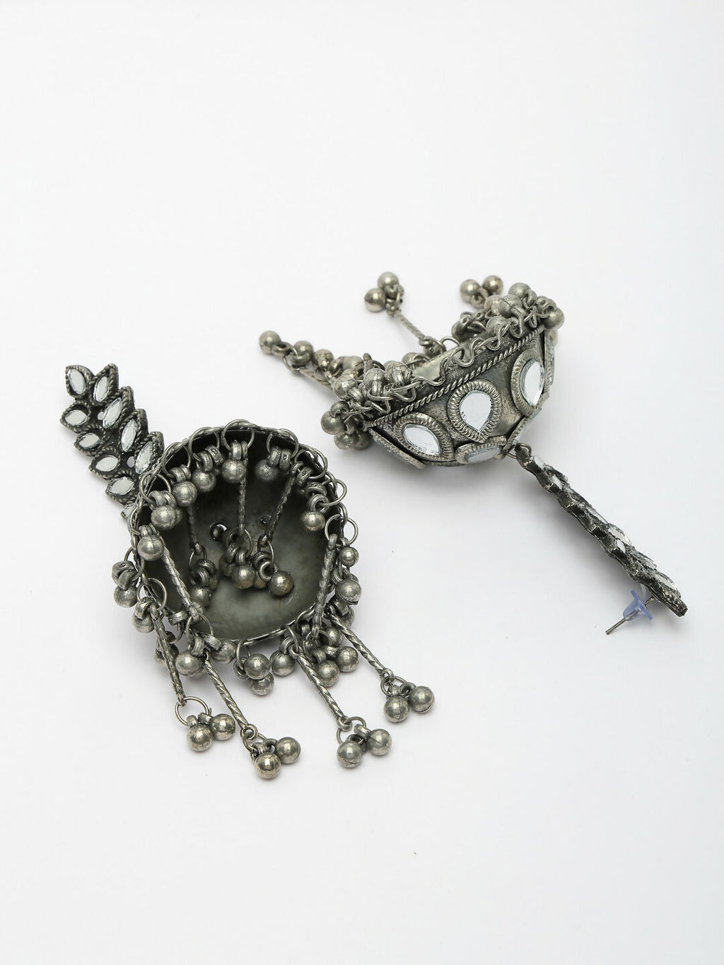 NVR Women's Silver Plated Mirror Work Oxidised Contemporary Jhumka Earrings