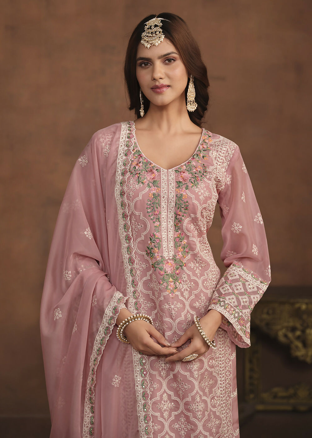 Blush Pink Soft Organza Embroidered Festive Salwar Suit - Emponline