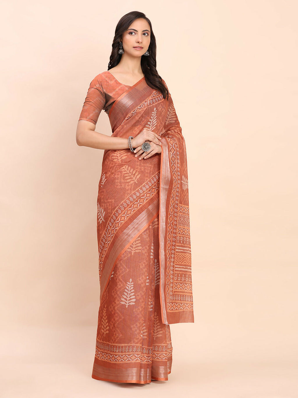 Shree Shyam Fashion Linen Cotton Rust Saree