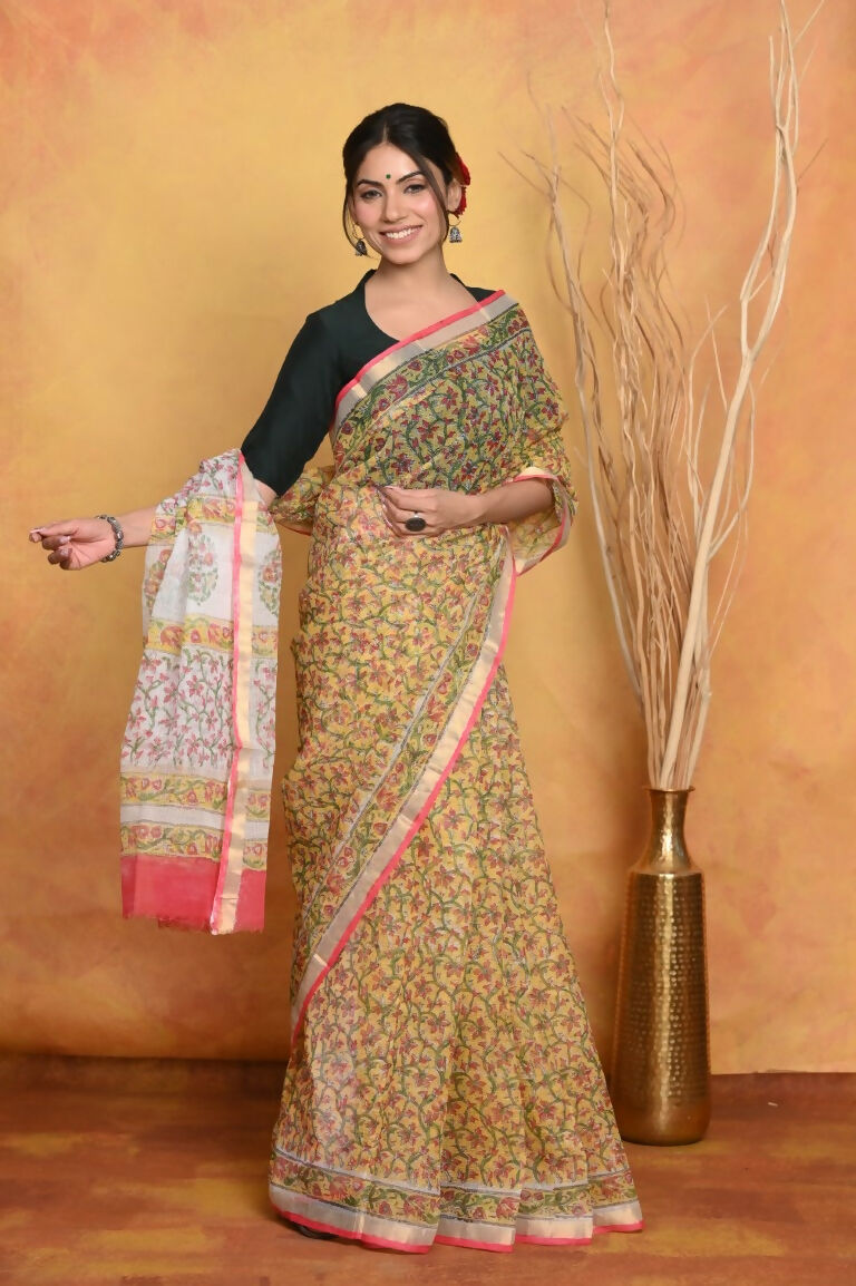 Very Much Indian Pure Kota Cotton Handblock Printed Saree - Yellow