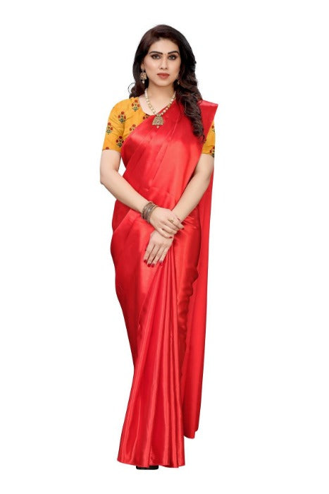 Vamika Plain Red Satin Saree (SATIN GLORY RED)