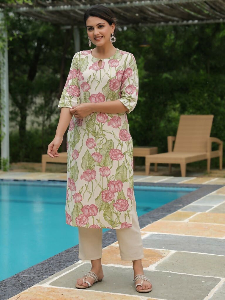 Aramya Straight Linen Cotton Floral Print Women's Kurta - Off White