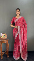 Vastranavya Pink Chinnon Silk Embroidery Multi Sequence & Arco Cut Work Ready to Wear Saree