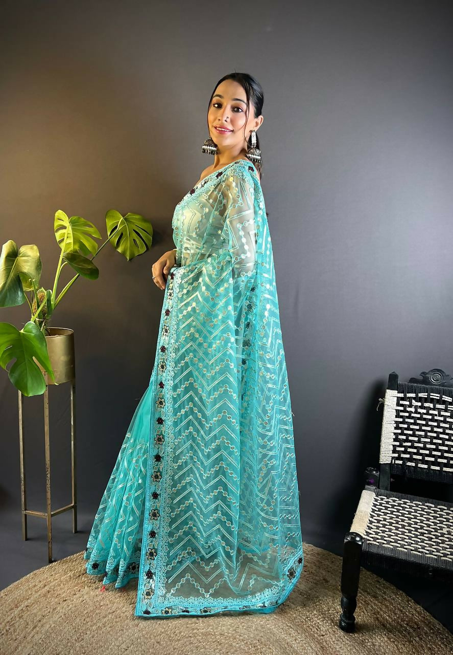 Vastranavya Butterfly Net Designer Chain Stitch Embroidery Work with Foil Thread & Stone Work Saree with Blouse Material - Turquoise
