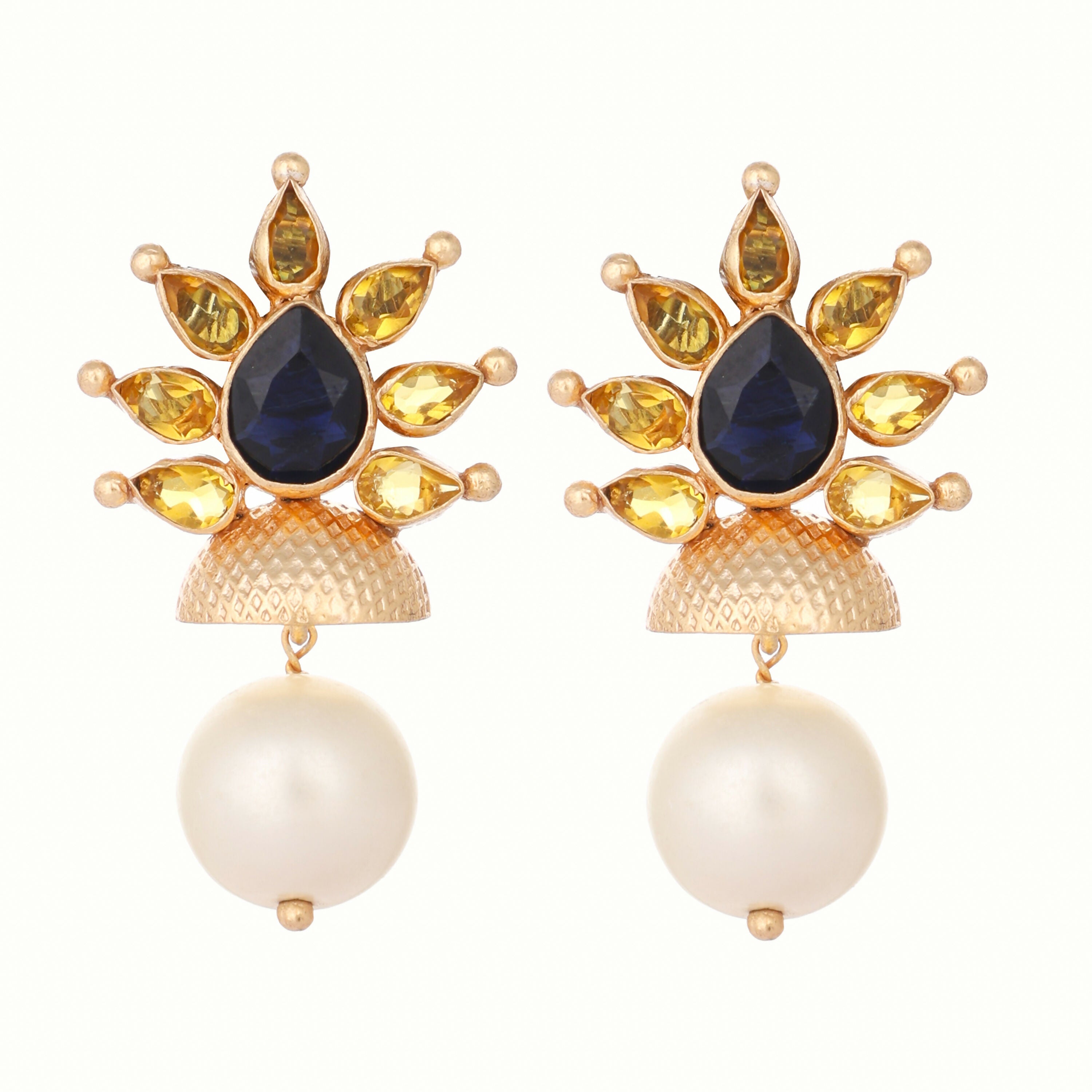 Nuyug 22K Gold Plated Pearl & Crystal Studded Contemporary Floral Stud Earrings