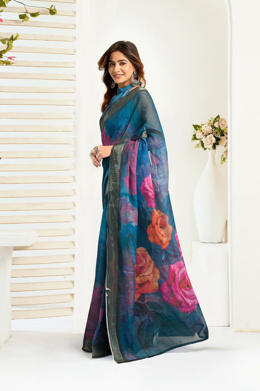 Vastranavya Teal Digital Printed Linen Ready To Wear Designer Saree with Unstitched Blouse