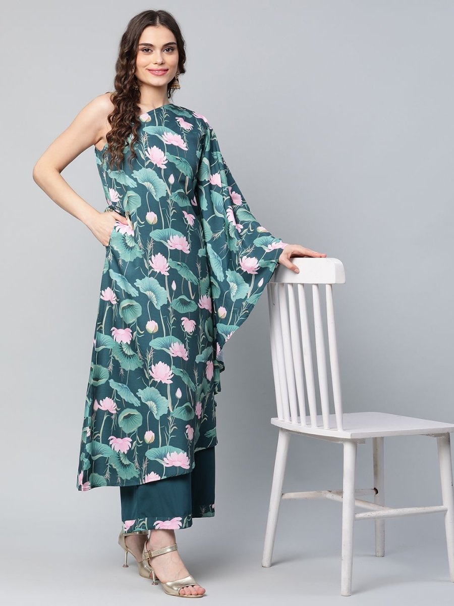 Ahalyaa Women Green Crepe Floral Printed Kurta with Palazzo Set
