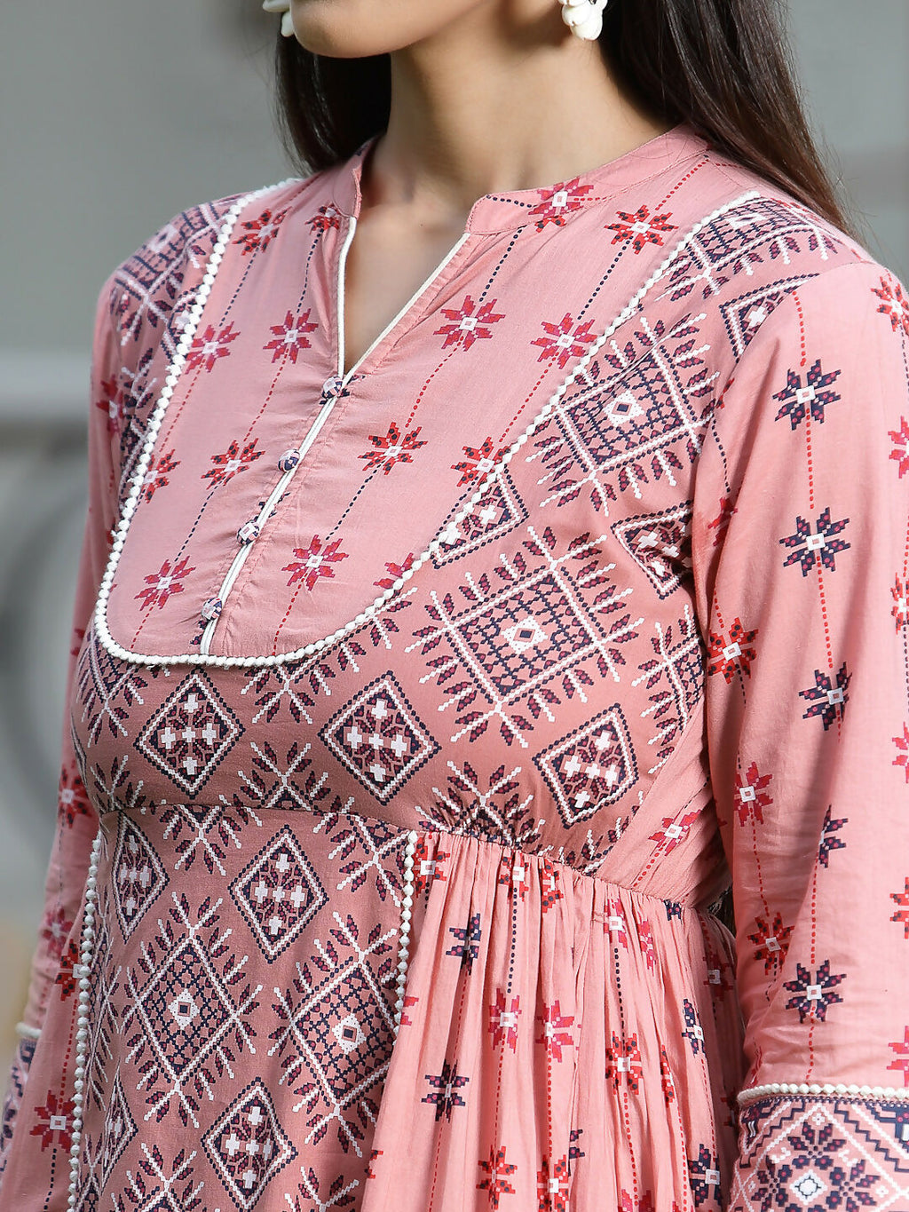 Juniper Peach Geometric Printed Pure Cotton Maxi Dress With Lace Work