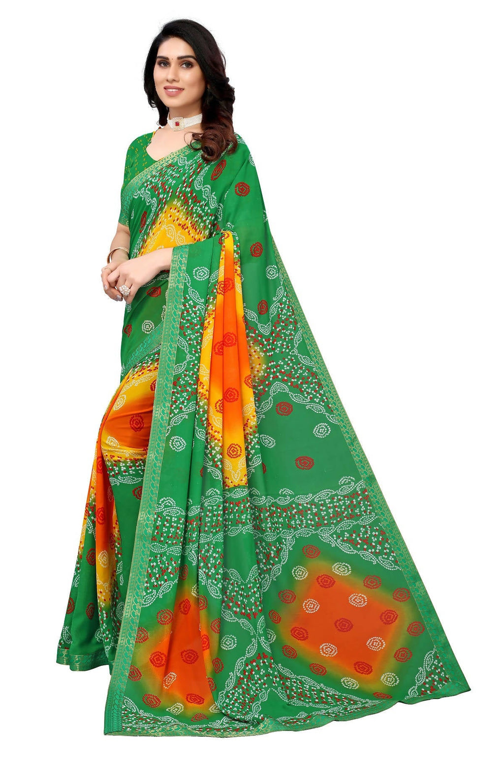 Vamika Beautiful Ethnic Fire Green Printed With Lace Saree