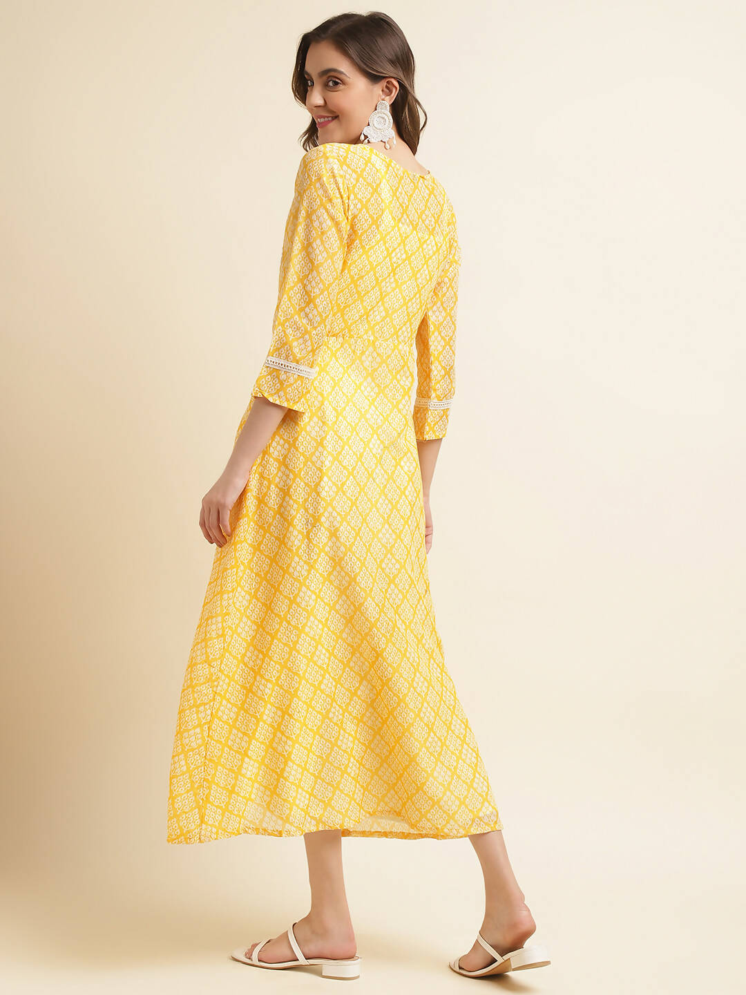 White Cotton Solid Flared Dress with Printed Shrug - Yukti