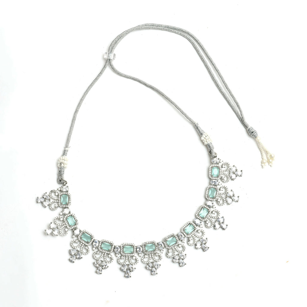 Mominos Fashion Johar Kamal Silver-Plated American Diamond Pista Green Choker Set