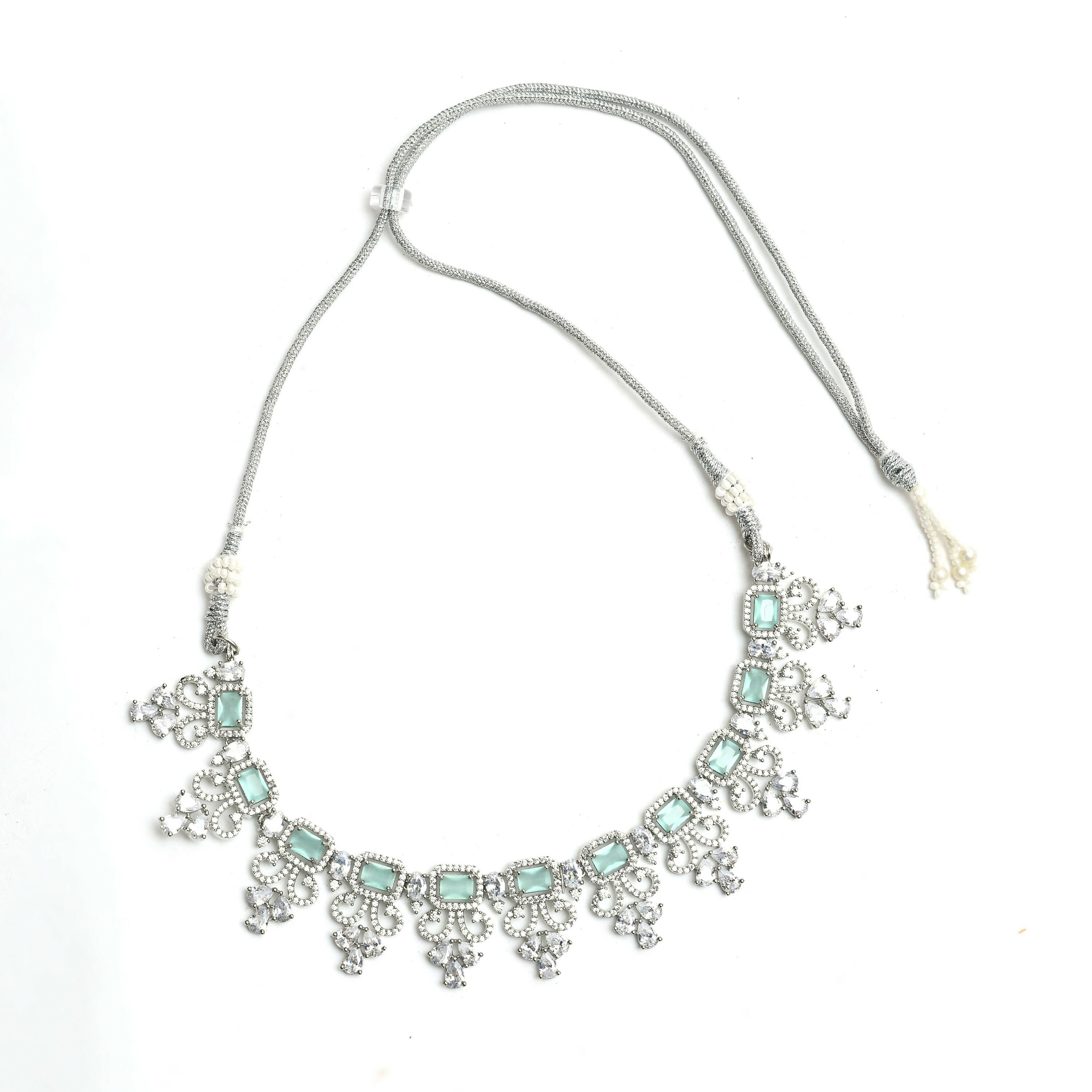 Mominos Fashion Johar Kamal Silver-Plated American Diamond Pista Green Choker Set