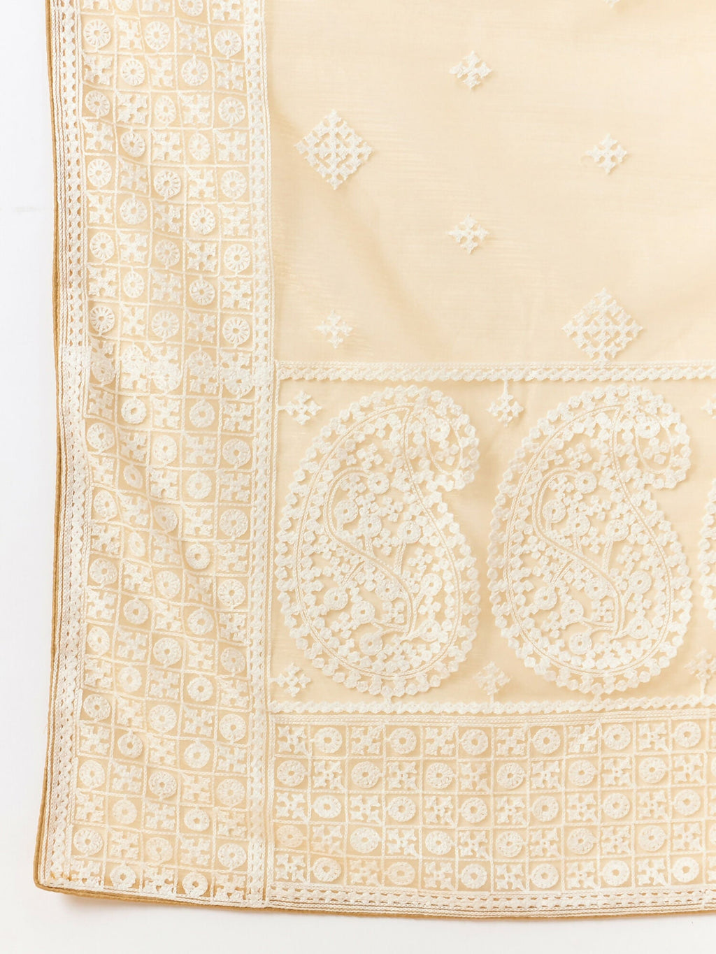 Beige Organza Geometric Embroidered Saree with Unstitched Blouse Piece - Roozal