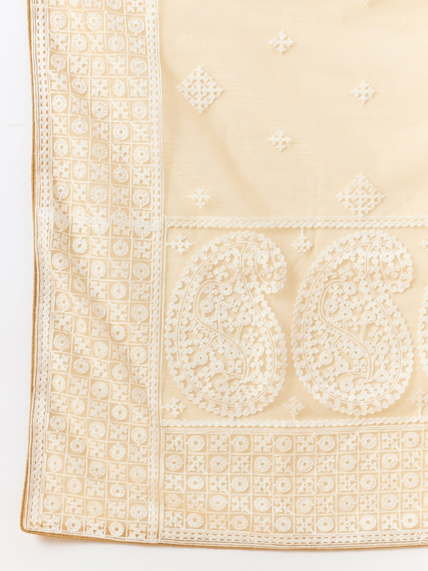 Beige Organza Geometric Embroidered Saree with Unstitched Blouse Piece - Roozal